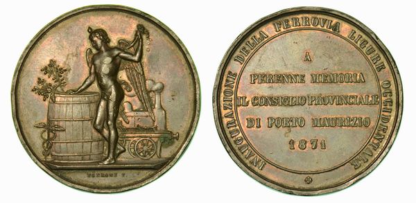 PORTO MAURIZIO. Inaugurazione della ferrovia ligure occidentale. Medaglia in bronzo 1871.  - Asta Numismatica - Associazione Nazionale - Case d'Asta italiane