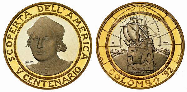 COLOMBO. V Centenario della scoperta dell'America Colombo 92. Medaglia in oro e platino.  - Asta Numismatica - Associazione Nazionale - Case d'Asta italiane