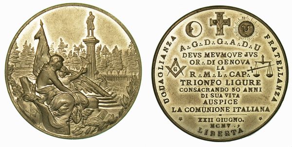 GENOVA. Trionfo Ligure. Per i 50 anni de La Comunione Italiana. Medaglia in metallo bianco 1905.  - Asta Numismatica - Associazione Nazionale - Case d'Asta italiane