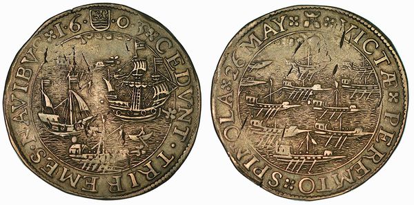 La battaglia navale del 26 Maggio 1603 presso Slusa. Federico Spinola muore e parte della sua flotta spagnola viene affondata. Gettone in argento 1603.  - Asta Numismatica - Associazione Nazionale - Case d'Asta italiane