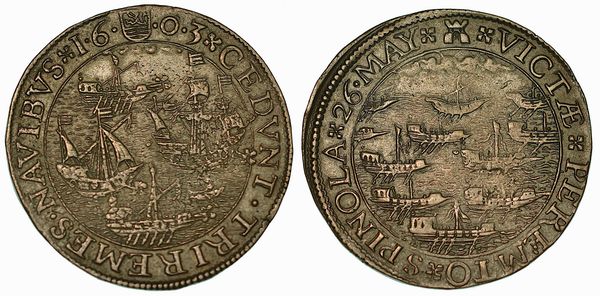 La battaglia navale del 26 Maggio 1603 presso Slusa. Federico Spinola muore e parte della sua flotta spagnola viene affondata. Gettone in rame 1603.  - Asta Numismatica - Associazione Nazionale - Case d'Asta italiane