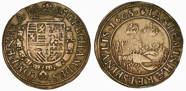 Anversa per onorare Ambrogio Spinola conquistatore di Ostenda (1604). Gettone in rame 1605.  - Asta Numismatica - Associazione Nazionale - Case d'Asta italiane