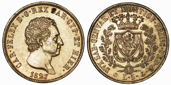 REGNO DI SARDEGNA. CARLO FELICE DI SAVOIA, 1821-1831. 5 Lire 1827. Genova.  - Asta Numismatica - Associazione Nazionale - Case d'Asta italiane