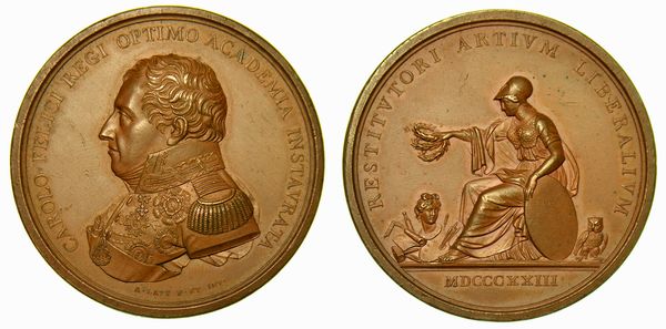 REGNO DI SARDEGNA. CARLO FELICE DI SAVOIA, 1821-1831. Medaglia in bronzo 1823. Per il ripristino dell�Accademia delle Belle Arti in Torino.  - Asta Numismatica - Associazione Nazionale - Case d'Asta italiane
