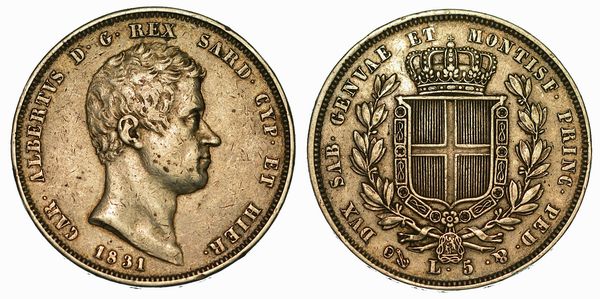 SAVOIA. CARLO ALBERTO DI SAVOIA, 1831-1849. 5 Lire 1831. Genova.  - Asta Numismatica - Associazione Nazionale - Case d'Asta italiane