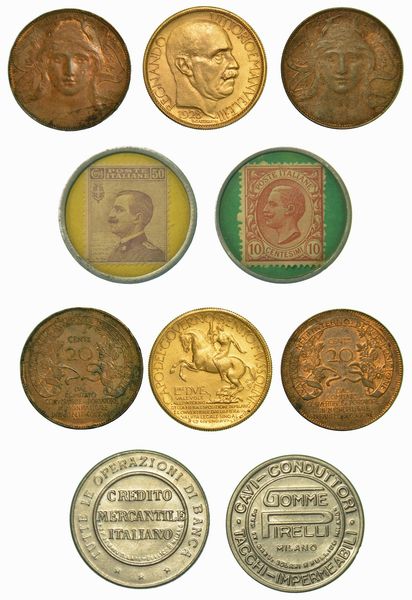 REGNO D'ITALIA. Lotto di tre gettoni e due monete di necessit pubblicitarie.  - Asta Numismatica - Associazione Nazionale - Case d'Asta italiane
