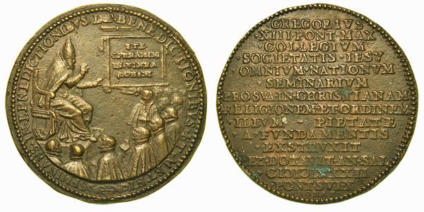 STATO PONTIFICIO. GREGORIO XIII, 1572-1585. FONDAZIONE DEL COLLEGIO ROMANO. Medaglia in bronzo 1582.  - Asta Numismatica - Associazione Nazionale - Case d'Asta italiane