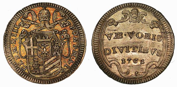 STATO PONTIFICIO. CLEMENTE XIII, 1758-1769. Mezzo Grosso 1762/A. IV.  - Asta Numismatica - Associazione Nazionale - Case d'Asta italiane