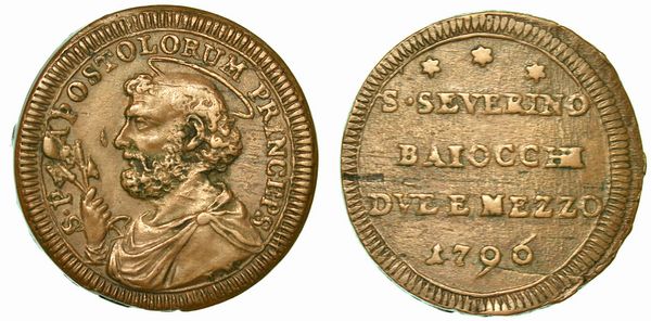 STATO PONTIFICIO. PIO VI, 1775-1799. 2 e 1/2 Baiocchi 1796. San Severino.  - Asta Numismatica - Associazione Nazionale - Case d'Asta italiane