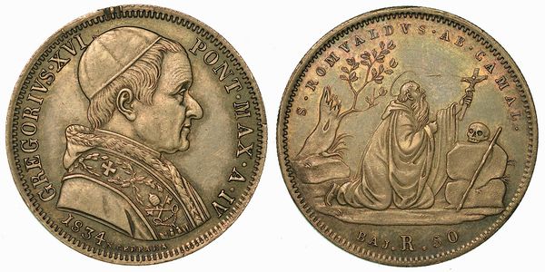 STATO PONTIFICIO. GREGORIO XVI, 1831-1846. 50 Baiocchi 1834/ A. IV.  - Asta Numismatica - Associazione Nazionale - Case d'Asta italiane
