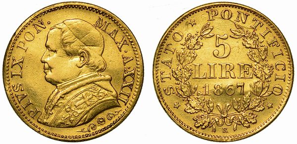 STATO PONTIFICIO. PIO IX, 1846-1878. 5 Lire 1867/A. XXII.  - Asta Numismatica - Associazione Nazionale - Case d'Asta italiane