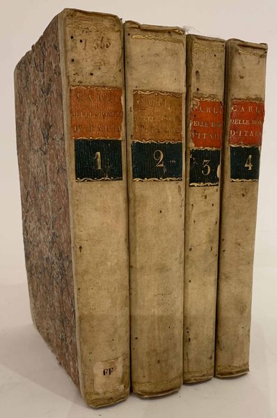 CARLI G.R. Lotto di quattro volumi. Delle monete e dell'instituzione delle zecche d'Italia dell'antico e presente sistema di esse: e del loro intrinseco valore, e rapporto con la presente moneta dalla decadenza dell'impero sino al secolo XVII. Per utile delle pubbliche, e delle private ragioni. Dissertazioni del Conte Don Gianrinaldo Carli Rubbi.  - Asta Numismatica - Associazione Nazionale - Case d'Asta italiane