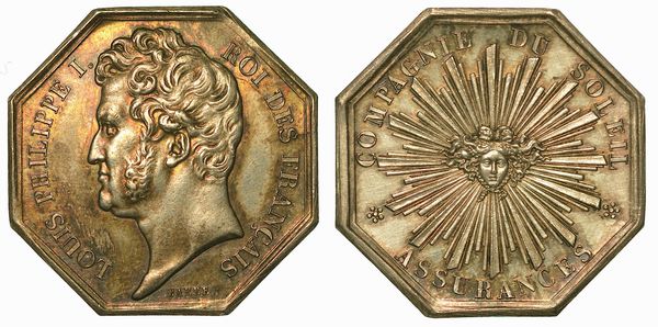 FRANCIA. LOUIS PHILIPPE I, 1830-1848. Gettone ottagonale in argento. Compagnia del Sole Assicurazioni.  - Asta Numismatica - Associazione Nazionale - Case d'Asta italiane