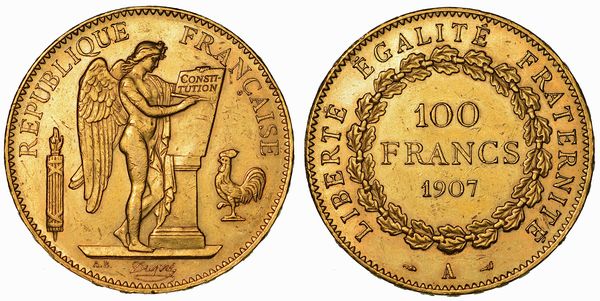 FRANCIA. TROISIEME REPUBLIQUE, 1871-1940. 100 Francs 1907.  - Asta Numismatica - Associazione Nazionale - Case d'Asta italiane