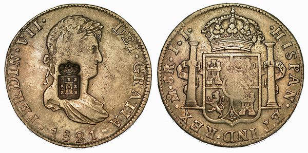 SPAGNA. FERNANDO VII, 1808-1833. 8 Reales 1821 contromarcato con stemma del Portogallo.  - Asta Numismatica - Associazione Nazionale - Case d'Asta italiane