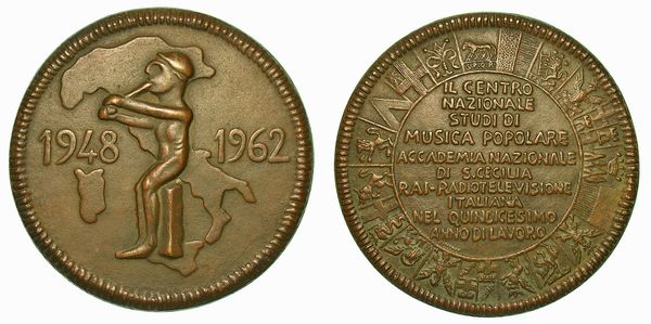 ITALIA. SANTA CECILIA. Medaglia in bronzo. Per i 15 anni dell'Accademia di Musica Popolare della RAI 1948-1962.  - Asta Numismatica - Associazione Nazionale - Case d'Asta italiane