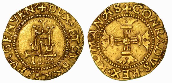 GENOVA. DOGI BIENNALI E GOVERNATORI DELLA REPUBBLICA, 1528-1797. SERIE DELLA II FASE, 1541-1637. Mezza doppia 1558? (Data poco leggibile).  - Asta Numismatica - Associazione Nazionale - Case d'Asta italiane