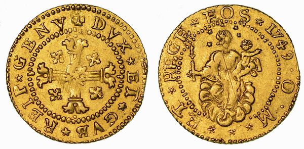 GENOVA. DOGI BIENNALI E GOVERNATORI DELLA REPUBBLICA, 1528-1797. SERIE DELLA III FASE, 1637-1797. Mezza doppia al torchio 1749.  - Asta Numismatica - Associazione Nazionale - Case d'Asta italiane