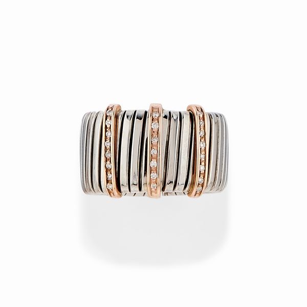 Anello in acciaio, oro rosa 18k e diamanti  - Asta Argenti dal XVIII al XX secolo - Associazione Nazionale - Case d'Asta italiane