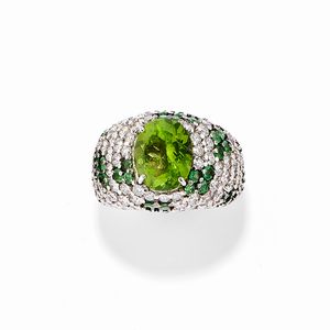CUSI - Anello in oro bianco 18K, diamanti, tsavoriti e peridoto