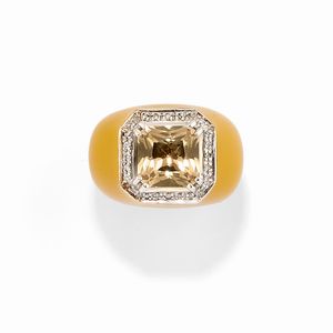 Grimoldi - Anello in argento e oro giallo 18k, quarzo sintetico, diamanti e smalto