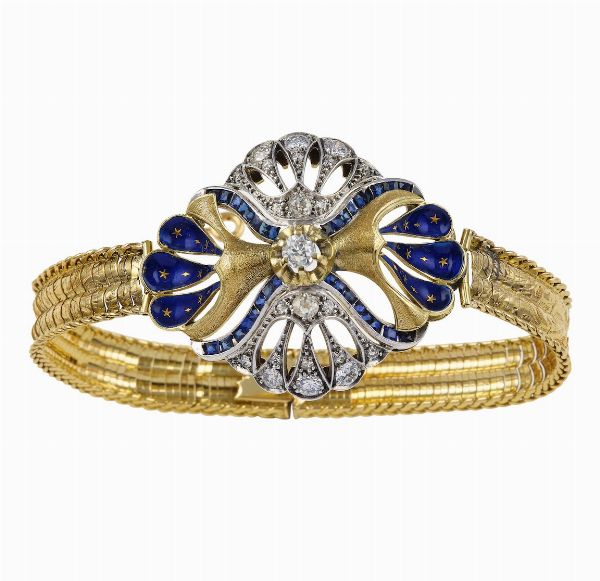 Bracciale con motivo centrale in smalto blu e diamanti  - Asta Fine jewels - Associazione Nazionale - Case d'Asta italiane