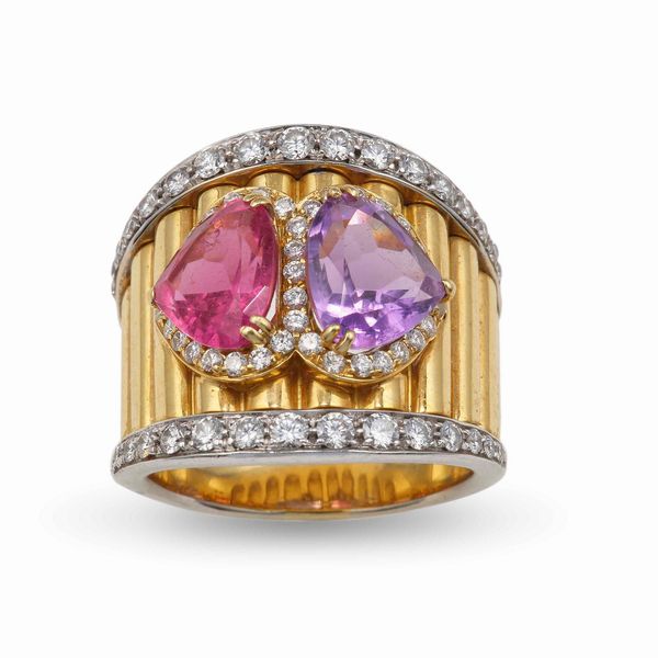 Anello con ametista, tormalina e diamanti  - Asta Fine jewels - Associazione Nazionale - Case d'Asta italiane