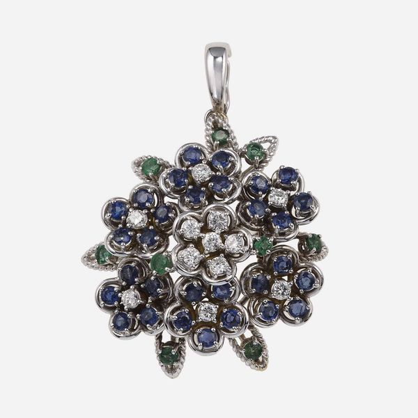 Spilla/pendente con zaffiri, smeraldi e diamanti  - Asta Fine jewels - Associazione Nazionale - Case d'Asta italiane