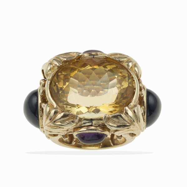 Anello con grande quarzo citrino, ametiste e zaffiri taglio cabochon  - Asta Fine jewels - Associazione Nazionale - Case d'Asta italiane