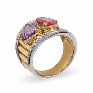 Anello con ametista, tormalina e diamanti  - Asta Fine jewels - Associazione Nazionale - Case d'Asta italiane