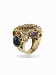 Anello con grande quarzo citrino, ametiste e zaffiri taglio cabochon  - Asta Fine jewels - Associazione Nazionale - Case d'Asta italiane