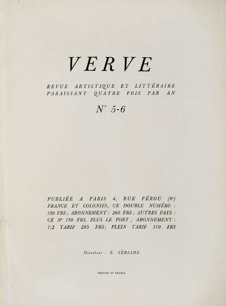 Verve. Revue artistique et littraire paraissant quatre fois par an. Volume II; n. 5-6.  - Asta Libri, manoscritti e riviste [ASTA A TEMPO] - Associazione Nazionale - Case d'Asta italiane