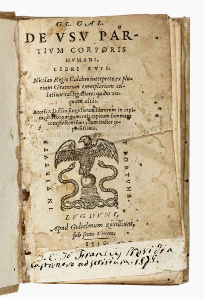 CLAUDIUS GALENUS : De Usu partium corporis humani...  - Asta Libri, manoscritti e riviste [ASTA A TEMPO] - Associazione Nazionale - Case d'Asta italiane