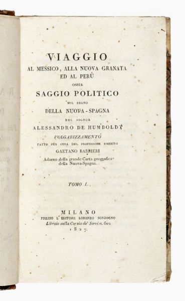 ALEXANDER (VON) HUMBOLDT : Viaggio al Messico, alla Nuova Granata ed al Per, ossia Saggio politico sul regno della Nuova Spagna... Tomo I (-VII e ultimo).  - Asta Libri, manoscritti e riviste [ASTA A TEMPO] - Associazione Nazionale - Case d'Asta italiane