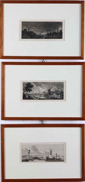 Weirotter Franz Edmund Sei differenti vedute dal vero: Mulino e villaggio / Pescatori al tramonto / Pescatori e vela. 1760 ca.  - Asta Libri Antichi e Rari. Incisioni - Associazione Nazionale - Case d'Asta italiane