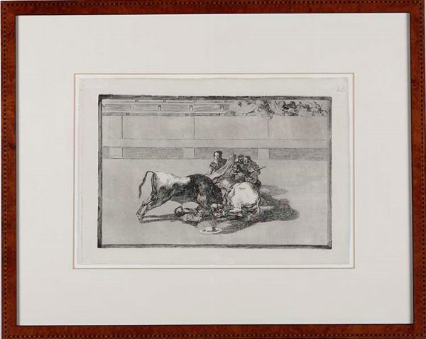 Francisco José de Goya y Lucientes : Acquaforte, acquatinta brunita e puntasecca originale; Harris 229 I/VII; mm 245 x 355 Caida de un picador de su caballo debajo el toro, 1816.  - Asta Libri Antichi e Rari. Incisioni - Associazione Nazionale - Case d'Asta italiane