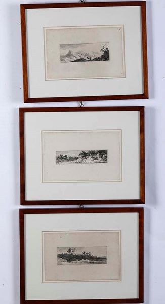 Weirotter Franz Edmund Paesaggi sulla Marna: La madre con i due bambini davanti al villaggio / La colonna militare passa sul crinale della collina  / Due uomini al guado. 1766.  - Asta Libri Antichi e Rari. Incisioni - Associazione Nazionale - Case d'Asta italiane