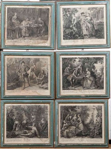 Johann Georg Hertel Diversis diversa placent, varii sunt hominum sensus; ipsunq hiemale tempus haud gaudio caret: glacie cum flumina fuerint frigore obducta, levipedes non sine discrimine saltare consuescunt / Dans le mouvant cristal d'un Bain si pur, si frais. La Beaut Jouit d'elle mme? Est ce assez, et peuton songer a ses atraits. Sans penser a quelqu'un qu'on aime / Ces instans fait du Jour la mesure et la Loy. Les Heures sur ce point vont se regler entre elles: L'Amour le voit loindique, es semble dire aux Belles, Touttes vos heures sont amoy / Ce Jeu doit exercer l'etude, et la Fortune, L'Amour depend aussy du hazard et des Soins: Dans d'autres Demelez un Tiers nous importune / Recreant odore flores et nares oculosque colore; quibus funt horti vernali tempore culti. Virgo hc dona et pulchra recusare non solet, amorem conciliare hortulanus bene novit / En sortant de gouter les douceur de morfe, ce leger passetems pour elle ouvre le jour. Les soins de la Parure auront bientost leur tour  - Asta Libri Antichi e Rari. Incisioni - Associazione Nazionale - Case d'Asta italiane
