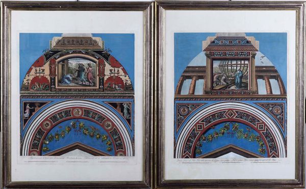 Giovanni Volpato : Coppia di incisioni facenti parte dell'opera Architettura ed ornati della Loggia del Vaticano... Opera del celebre Raffaello Sanzio da Urbino Apparuerunt ei tre viri... e Dixit Deus ad Noe..., Santini editore, Venezia 1783  - Asta Libri Antichi e Rari. Incisioni - Associazione Nazionale - Case d'Asta italiane