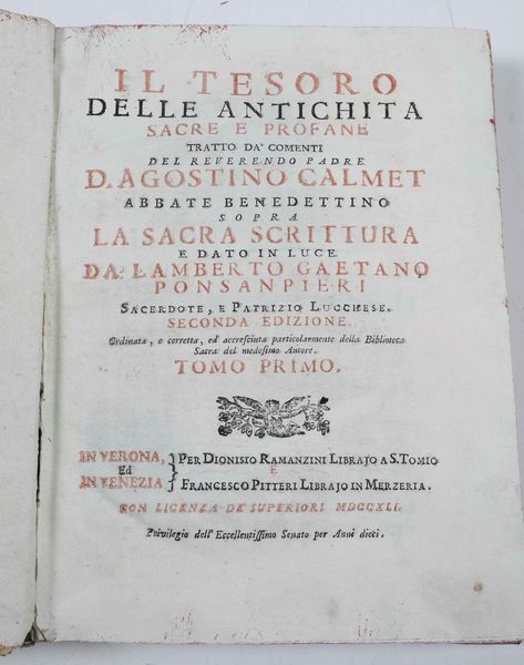 Calmet Agostino : Il tesoro delle antichit� sacre e profane...Verona e Venezia, Ramanzini e Pitteri, 1741-1750  - Asta Libri Antichi e Rari. Incisioni - Associazione Nazionale - Case d'Asta italiane
