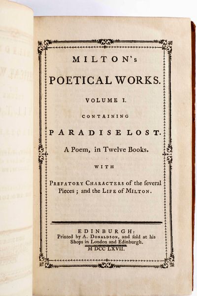 John Milton : Milton John Poetical Works... Edinbugo, presso A. Donaldson, 1767  - Asta Libri Antichi e Rari. Incisioni - Associazione Nazionale - Case d'Asta italiane