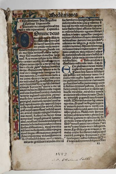 Agostino d’Ippona : Augustinus, Aurelius Meditationes diui Augustini episcopi Hipponensi	<BR>(Venetiis : per Octauianum Scotum Modoetiensem, anno incarnationis salutifere 1483 quinto kalendas Iunias)  - Asta Libri Antichi e Rari. Incisioni - Associazione Nazionale - Case d'Asta italiane