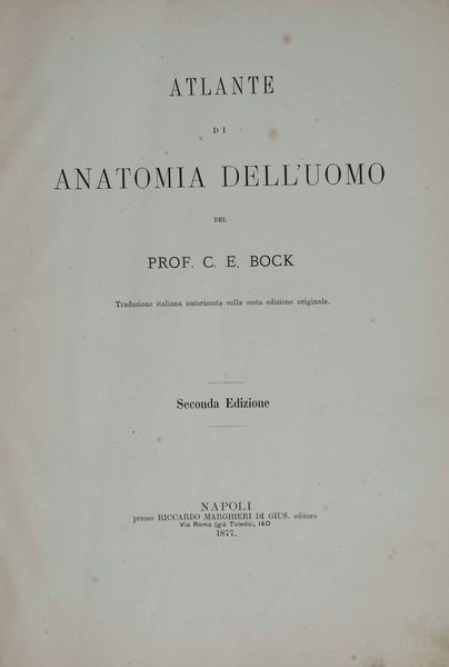 C.E. Bock Atlanti di anatomia dell'uomo. Traduzione italiana autorizzata sulla sesta edizione originale. Seconda edizione. Napoli, presso Riccardo Marghieri 1877  - Asta Libri Antichi e Rari. Incisioni - Associazione Nazionale - Case d'Asta italiane