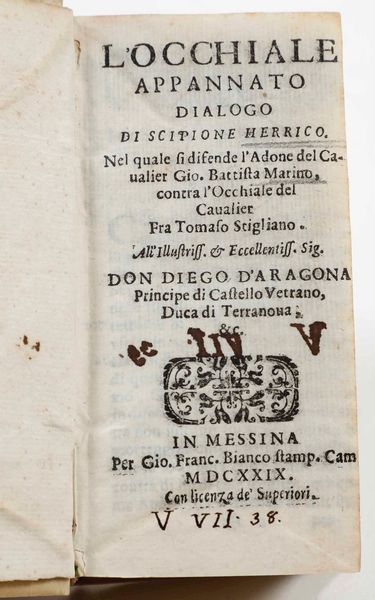 Scipione Errico : Locchiale appannato...In Messina, per Gio. Franc. Bianco Stamp., 1629  - Asta Libri Antichi e Rari. Incisioni - Associazione Nazionale - Case d'Asta italiane