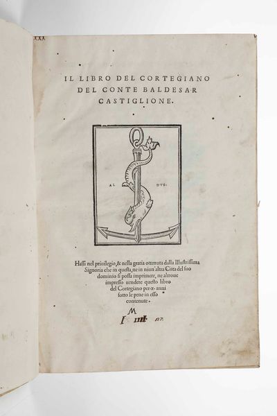 Castiglione Baldesar : Il libro del Cortegiano Il libro del Cortegiano del conte Baldesar Castiglione...In Venezia nelle case d'Aldo Romano & d'Andrea d'Asola..1528  - Asta Libri Antichi e Rari. Incisioni - Associazione Nazionale - Case d'Asta italiane