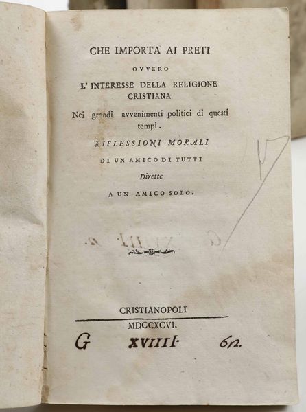 GUGLIELMO DELLA VALLE : Esame ragionato dei diritti delluomo ossia confutazione dello Spedalieri, Torino, dalla Stamperia Davico e Picco, 1799.  - Asta Libri Antichi e Rari. Incisioni - Associazione Nazionale - Case d'Asta italiane