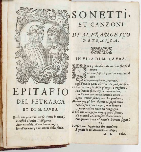 Petrarca, Francesco : Il Petrarca riveduto et corretto e di bellissime figure ornato...In Vinegia, appresso Dominico Farri, 1579.<BR>Rilegato insieme: <BR>Sannazzaro Jacopo - Arcadia, in Venezia, appresso Fabio e Agostino Zoppini, 1583  - Asta Libri Antichi e Rari. Incisioni - Associazione Nazionale - Case d'Asta italiane