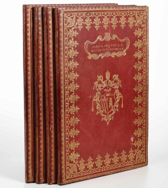 Legature Papali Benedetto XIII : Pars I Pro Feria V Maioris Hebdomadae / Pars II Pro Feria V Maioris Hebdomadae / Pars I Pro Feria IV e VI Maioris Hebdomadae / Pars II Pro Feria IV e VI Maioris Hebdomadae. Sedente Benedicto XIII P.O.M Sub protectione Emi, & Rmi D. Petri Card. Otthoboni Episcopi Sabinensis S.R.E Vice Cancellarii. R. Domino Julio Arquilla Magistro Capp. Pont.pro tempore existente Jo: Dominicus de Biondinis Tusculanus Scriptor. Anno Domini 1726.  - Asta Libri Antichi e Rari. Incisioni - Associazione Nazionale - Case d'Asta italiane