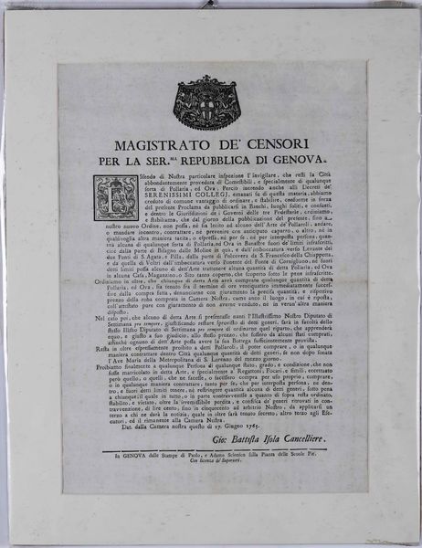Bandi genovesi a stampa. Provisori del vino, Genova, Casamara, 1736 / Provisori delle galee, Genova, 1721 / Magistrato dei censori, Genova, 1765.  - Asta Libri Antichi e Rari. Incisioni - Associazione Nazionale - Case d'Asta italiane