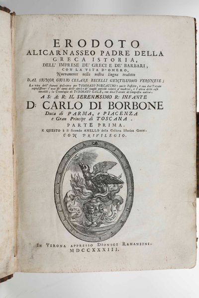 Erodoto : Delle imprese dei greci e dei barbari, in Verona, appresso Dionigi Ramanzini, 1733  - Asta Libri Antichi e Rari. Incisioni - Associazione Nazionale - Case d'Asta italiane